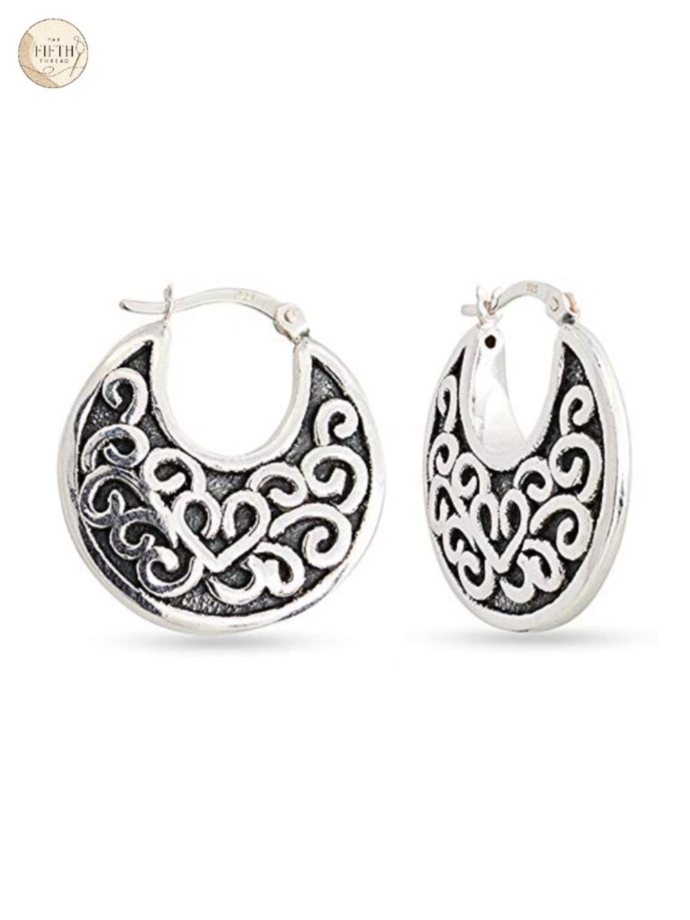925 Sterling Silver Hoop Earrings Antique Filigree Textured Click-Top Women